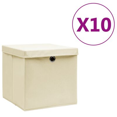 vidaXL Úložné boxy s vekom 10 ks, 28x28x28 cm, krémové