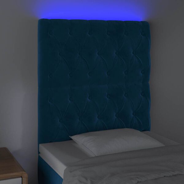 vidaXL Čelo postele s LED tmavomodr&eacute; 80x7x118/128 cm zamat