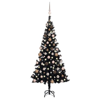 vidaXL Osvetlený umelý vianočný stromček s guľami, čierny 150 cm, PVC