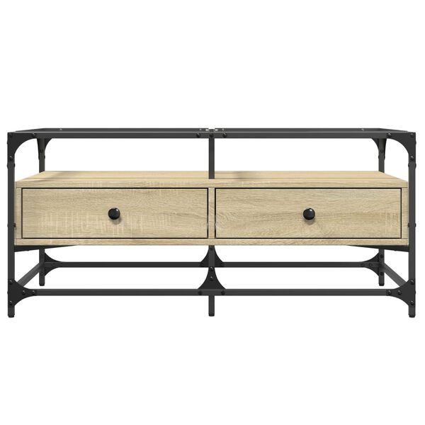 vidaXL Konferenčný stolík sklenená doska dub sonoma 98,5x50x45 cm oceľ