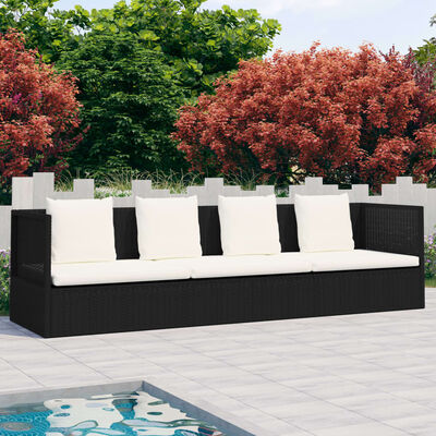 vidaXL Záhradná posteľ s podložkou a vankúšmi, polyratan, čierna