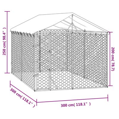 vidaXL Vonkajší koterec pre psov so strechou strieborný 3x3x2,5 m oceľ