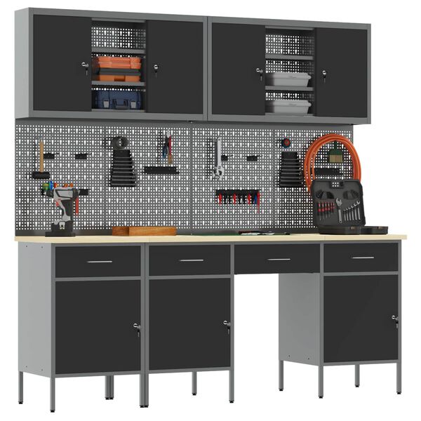 vidaXL Pracovn&aacute; skrinka 10 pcs Čierna Inžinierske drevo a oceľ