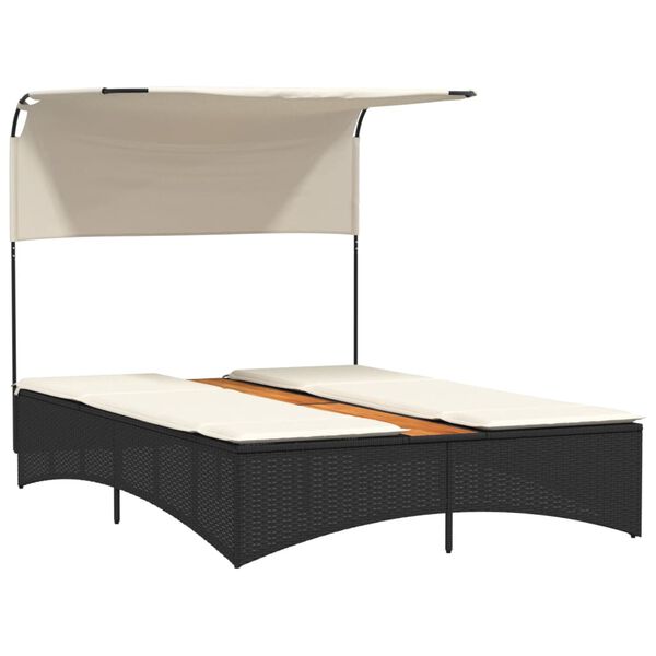vidaXL Dvojité ležadlo so strieškou a podložkami, čierne, polyratan