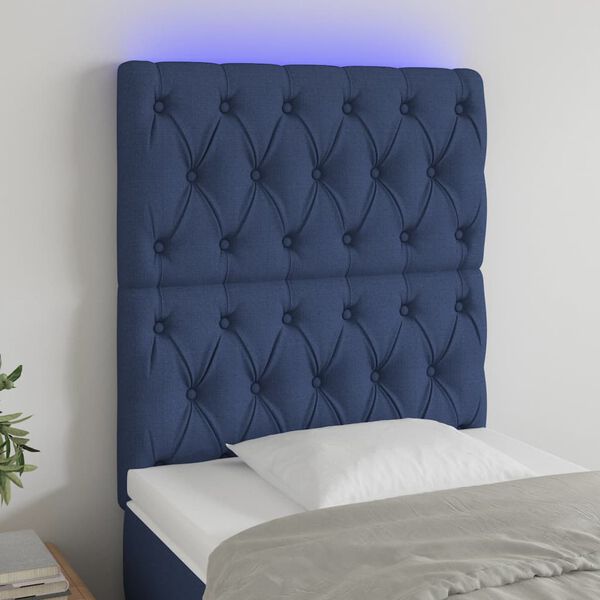 vidaXL Čelo postele s LED modré 80x7x118/128 cm látka