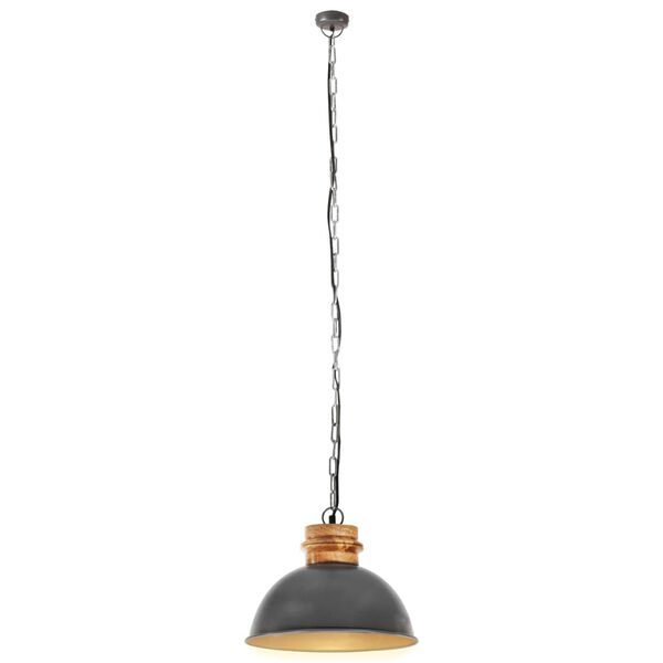 vidaXL Industri&aacute;lna z&aacute;vesn&aacute; lampa siv&aacute; okr&uacute;hla 32 cm E27 mangov&yacute; mas&iacute;v