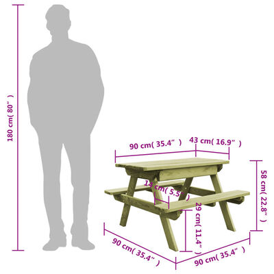 vidaXL Detský piknikový stôl+lavice 90x90x58cm, impregnovaná borovica