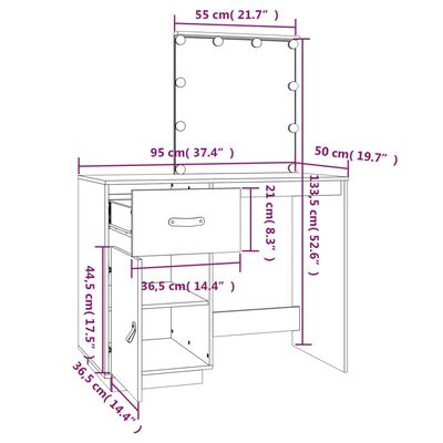 vidaXL Toaletný stolík s LED 95x50x133,5 cm borovicový masív