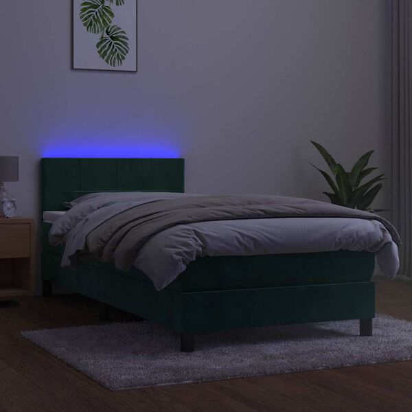 vidaXL Posteľn&yacute; r&aacute;m boxsping matrac a LED tmavozelen&yacute; 90x200 cm zamat