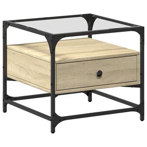 vidaXL Konferenčn&yacute; stol&iacute;k sklenen&aacute; doska dub sonoma 50x50x45 cm oceľ