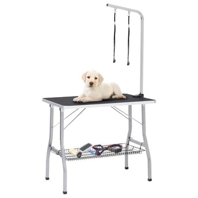 vidaXL Nastaviteľný trimovací stôl pre psa s 2 slučkami a košíkom