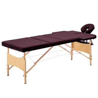 vidaXL Skladací masážny stôl, 3 zóny, drevo, vínovo fialový