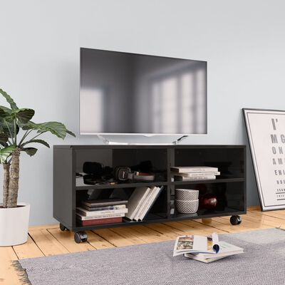 vidaXL TV skrinka s kolieskami lesklá čierna 90x35x35 cm drevotrieska