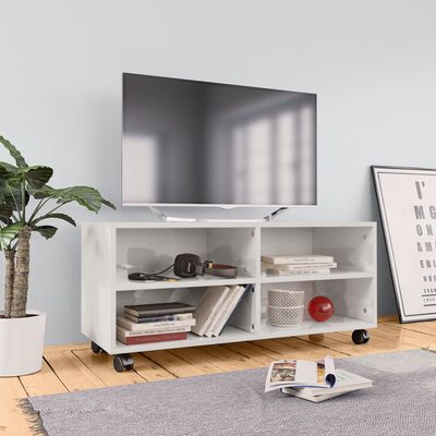 vidaXL TV skrinka s kolieskami lesklá biela 90x35x35 cm drevotrieska
