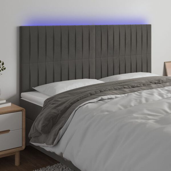 vidaXL Čelo postele s LED tmavosiv&eacute; 180x5x118/128 cm zamat