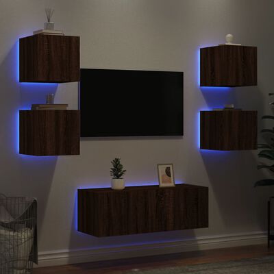 vidaXL 6-dielne TV nástenné skrinky s LED hnedý dub kompozitné drevo