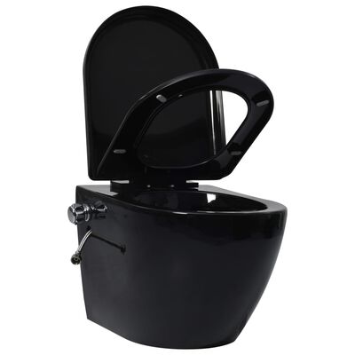 vidaXL Závesné bezokrajové WC so skrytou nádržkou čierne keramické