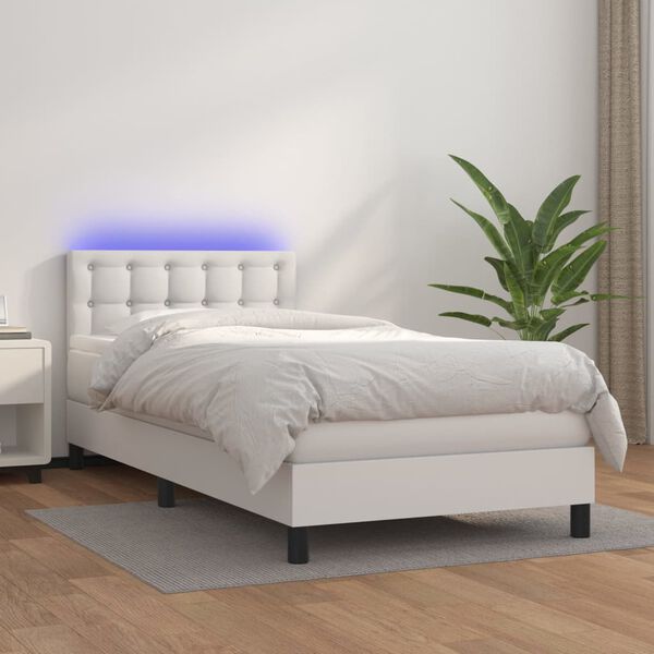 vidaXL Boxspring posteľ s matracom a LED biela 90x200 cm umel&aacute; koža