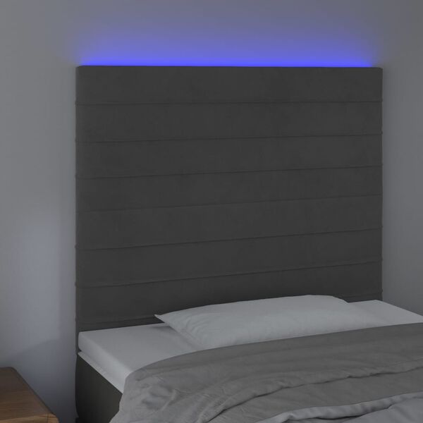 vidaXL Čelo postele s LED tmavosiv&eacute; 80x5x118/128 cm zamat