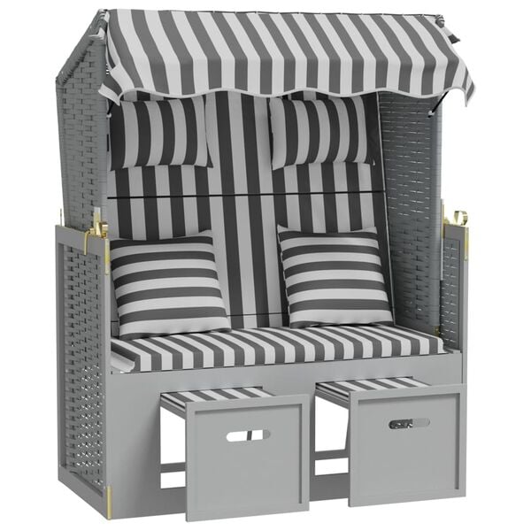 vidaXL Strandkorb s vank&uacute;&scaron;mi polyratan a mas&iacute;vne drevo siv&yacute; a biely