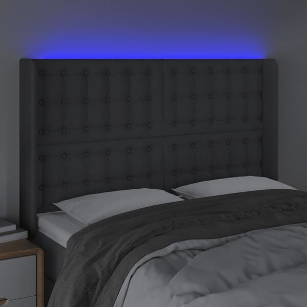 vidaXL Čelo postele s LED tmavosiv&eacute; 147x16x118/128 cm l&aacute;tka