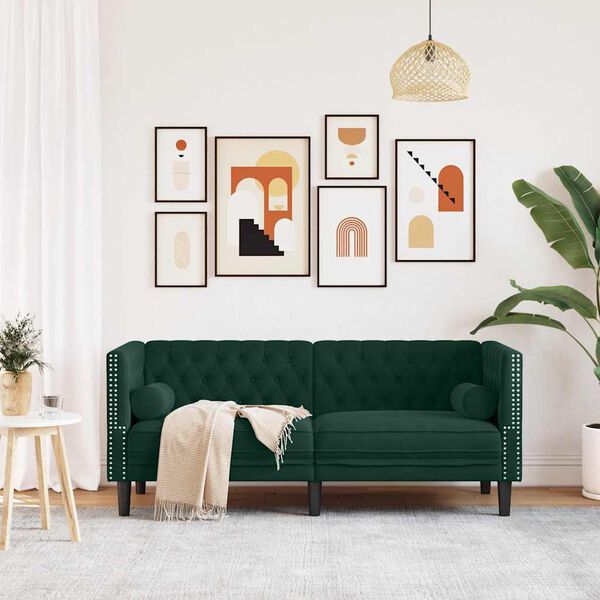 vidaXL 2-miestna pohovka Chesterfield s opierkami tmavozelená zamat