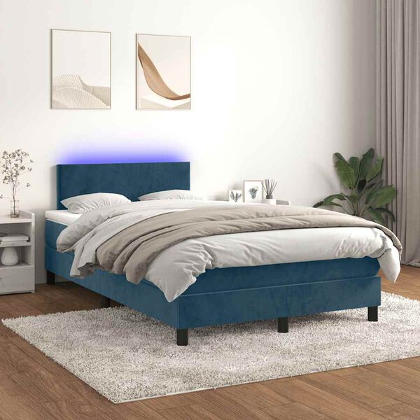 vidaXL Boxspring posteľ s matracom a LED, tmavomodr&aacute; 120x190 cm, zamat