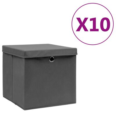 vidaXL Úložné boxy s vekom 10 ks, 28x28x28 cm, sivé