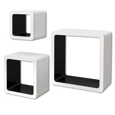 3 bielo čierne nástenné police v tvare kocky na knihy/DVD, MDF