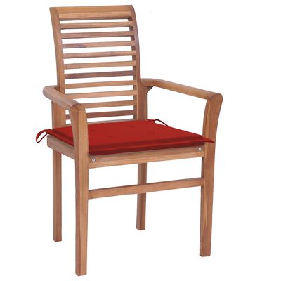 vidaXL Jedálenské stoličky 6 ks červené podložky tíkový masív