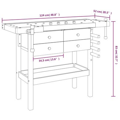 vidaXL Pracovný stôl so zásuvk. a zverákmi 124x52x83 cm akáciový masív