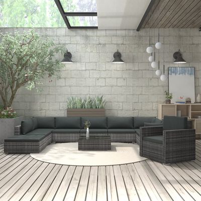 vidaXL 11-dielna záhradná sedacia súprava+podložky, polyratan, sivá