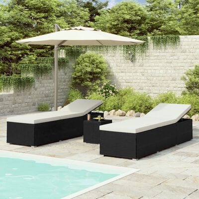 vidaXL 3-dielne záhradné lehátka s čajovým stolíkom čierne polyratanové
