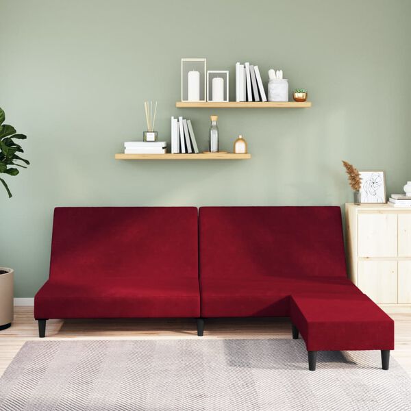 vidaXL 2-miestna rozkladacia pohovka s podnožkou v&iacute;novo-červen&aacute; zamatov&aacute;