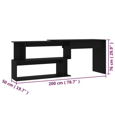 vidaXL Rohový stôl, čierny 200x50x76 cm, drevotrieska