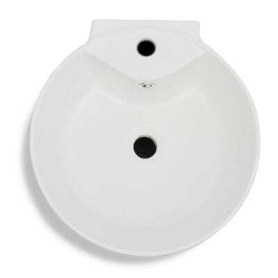 Biele stojace okrúhle keramické umývadlo do kúpeľne s prepadom a otvorom na batériu