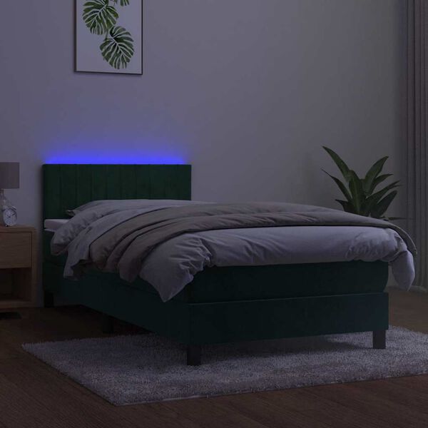 vidaXL Posteľn&yacute; r&aacute;m boxsping matrac a LED tmavozelen&yacute; 90x190 cm zamat