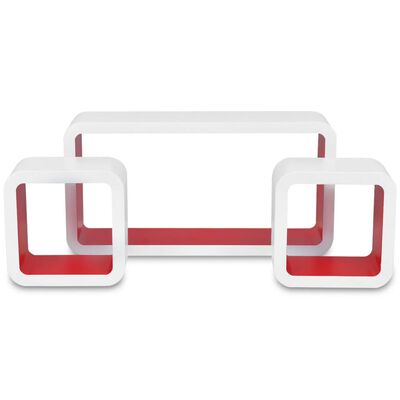 Bielo-červené nástenné poličky z MDF na uskladnenie kníh/DVD, 3 ks, tvar kocky