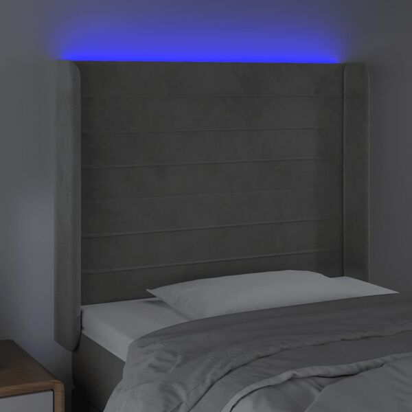 vidaXL Čelo postele s LED bledosiv&eacute; 83x16x118/128 cm zamat