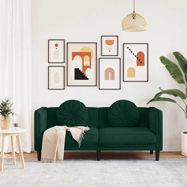 vidaXL Pohovka s vankúšmi 2-miestna tmavozelená zamat