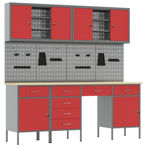 vidaXL Pracovn&aacute; skrinka 10 pcs Červen&aacute; Inžinierske drevo a oceľ