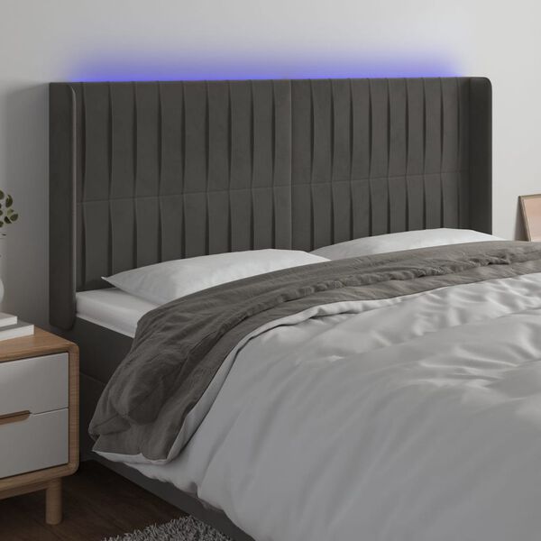 vidaXL Čelo postele s LED tmavosiv&eacute; 183x16x118/128 cm zamat