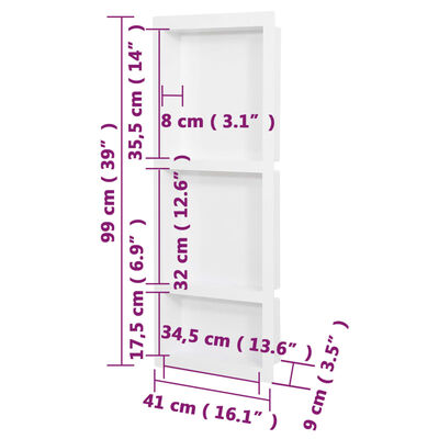 vidaXL Sprchový výklenok s 3 priehradkami matný biely 41x99x9 cm
