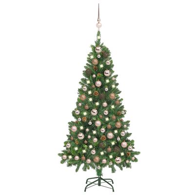 vidaXL Osvetlený umelý vianočný stromček s guľami a šiškami 150 cm
