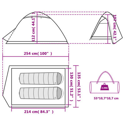 vidaXL Kempingový stan, kupola, 2 osoby, zelený, vodoodolný