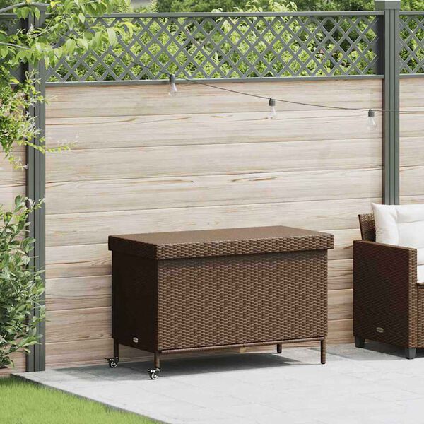 vidaXL Záhradný úložný box s kolieskami Hnedý 110x55x73 cm Poly Rattan
