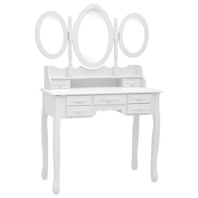 vidaXL Toaletný stolík so stoličkou a 3-dielnym zrkadlom biely