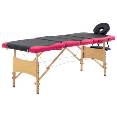 vidaXL Skladací masážny stôl, 4 zóny, drevo, čierno ružový