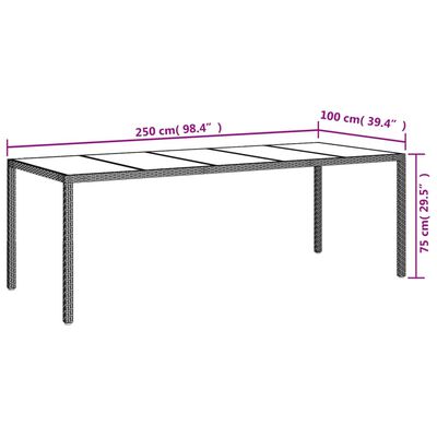 vidaXL Záhradný stôl hnedý 250x100x75 cm tvrdené sklo a polyratan