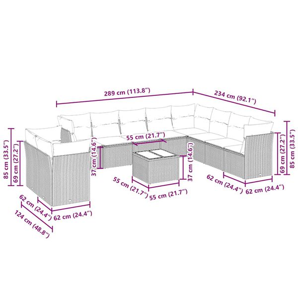 vidaXL 11-dielna z&aacute;hradn&aacute; sedacia s&uacute;prava s vank&uacute;&scaron;mi polyratanov&aacute; siv&aacute;